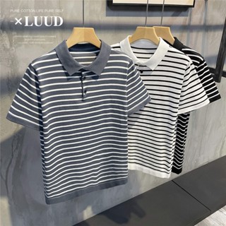 Luud เสื้อโปโลแขนสั้น ผ้าถัก ลายทาง สีขาวดํา ระบายอากาศ สไตล์เรโทร เหมาะกับฤดูร้อน สําหรับผู้ชาย