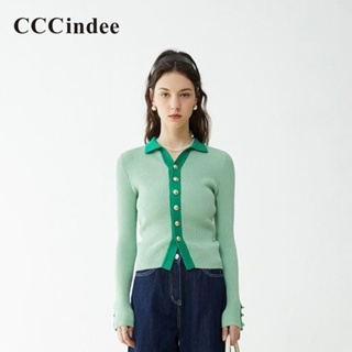 Cccindee เสื้อคาร์ดิแกนลําลอง คอปก แต่งกระดุม เข้ารูป สีตัดกัน แฟชั่นใหม่ สําหรับผู้หญิง 2023