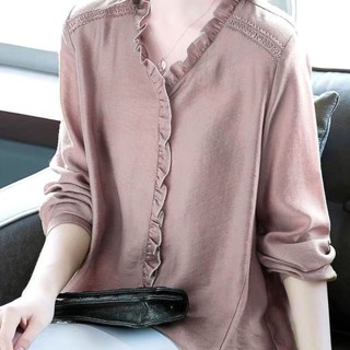 เสื้อเชิ้ต คอวี ผ้าชีฟอง ทรงหลวม สีพื้น สําหรับผู้หญิง