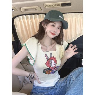 เสื้อท็อป ผ้าถัก คอสี่เหลี่ยม แขนพอง ปักลายการ์ตูนกระต่าย สไตล์เรโทร