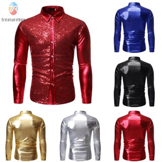 【TRSBX】Mens Shirt Lapel Long Sleeve Nightclub Office Outdoor Polyester Sequin