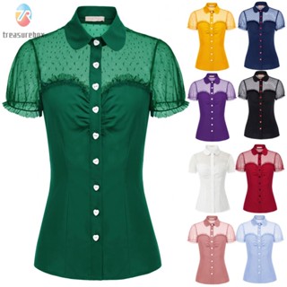 【TRSBX】Blouse Shirt Summer Formal Ladies Lapel collar Mesh Office Red buttons