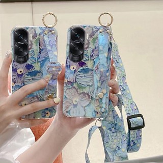 เคสโทรศัพท์มือถือ ซิลิโคนนิ่ม ลายภาพวาดสีน้ํามัน รูปดอกไม้สีม่วง พร้อมสายคล้อง สําหรับ HONOR 90 Lite 5G