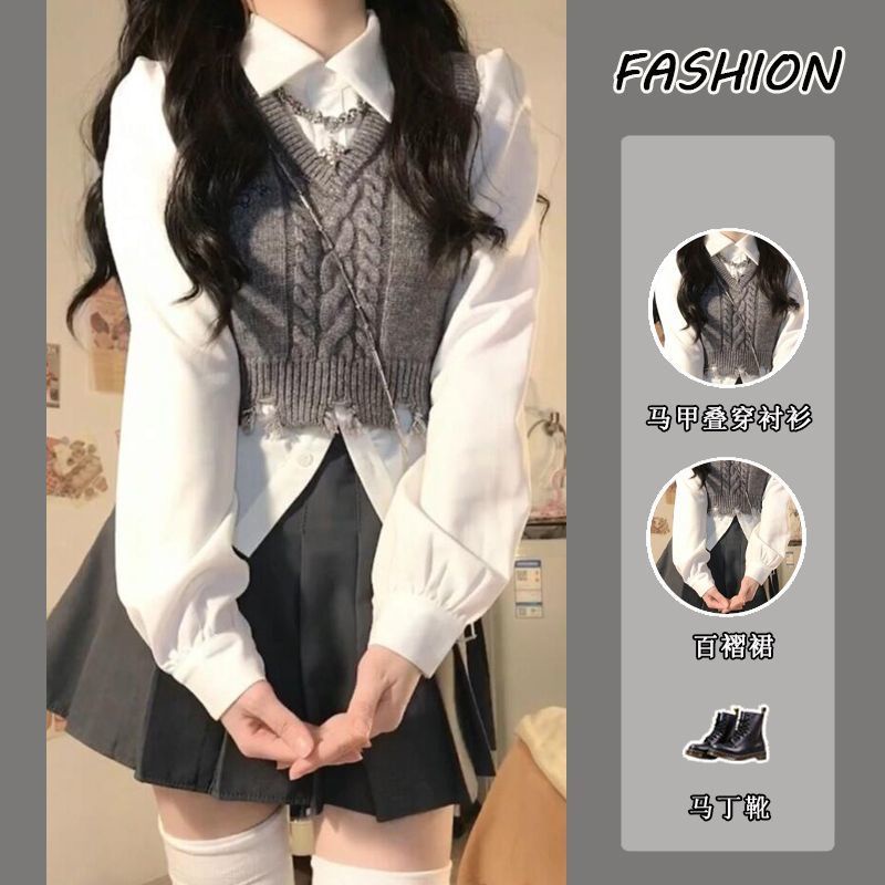 เสื้อกั๊กกระโปรงสั้น ผ้าถัก จับจีบ สไตล์ญี่ปุ่น แฟชั่นฤดูใบไม้ผลิ ฤดูใบไม้ร่วง สําหรับผู้หญิง สามชิ้น EJQB