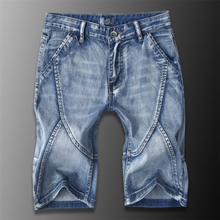 Spot 28-44 yards] extra-large light blue fat denim shorts mens summer thin fashion splicing Korean version of five-cent pants loose 5-cent trousers