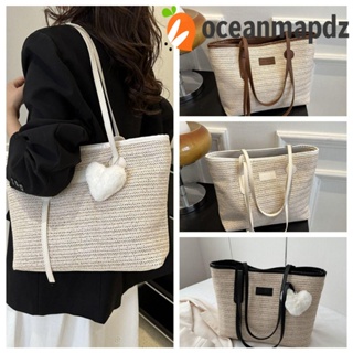 Oceanmapdz กระเป๋าสานฟาง หนัง Pu ทรงสี่เหลี่ยม ความจุขนาดใหญ่ สไตล์โบฮีเมียน