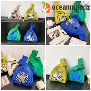 Oceanmapdz กระเป๋าใส่อาหารกลางวัน ผ้าถัก ขนาดใหญ่ จุของได้เยอะ แบบพกพา ลายการ์ตูนแมว