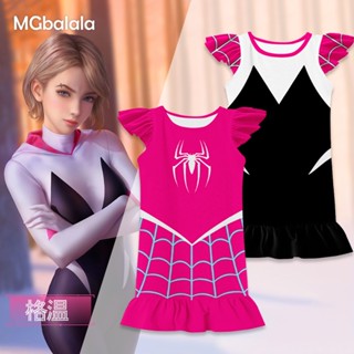 ชุดเดรสกระโปรง สําหรับเด็กผู้หญิง แขนสั้น ลาย Spidergwen Superhero