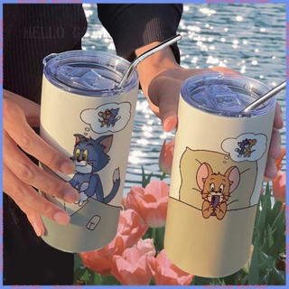 🥤Animation Peripheral 🥤Limited Cup🥤กระติกน้ําร้อนคู่รัก สเตนเลส ลายการ์ตูนหนู และแมว พร้อมหลอดดูด แบบพกพา คุณภาพสูง