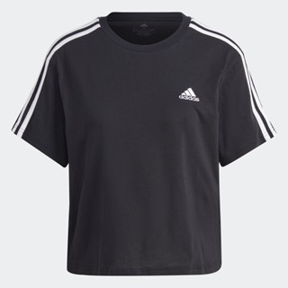 adidas ไลฟ์สไตล์ เสื้อครอปผ้าซิงเกิลเจอร์ซีย์ Essentials 3-Stripes ผู้หญิง สีดำ HR4913
