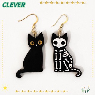 Clever ต่างหูสตั๊ด ไม้ รูปโครงกระดูก แมว สีดํา ของขวัญวันฮาโลวีน สําหรับผู้หญิง