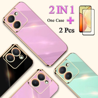 2 IN 1 เคสโทรศัพท์ TPU ขอบทอง ขอบตรง พร้อมฟิล์มเซรามิค กันรอยหน้าจอ ทรงโค้ง สําหรับ VIVO Y36 5G