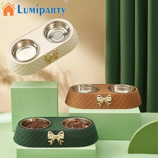 Lumiparty ชามใส่อาหารสัตว์เลี้ยง สเตนเลส 201 ถอดออกได้ ประดับโบว์คู่ อุปกรณ์เสริม สําหรับสัตว์เลี้ยง สุนัข แมว