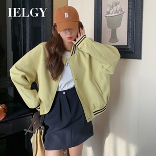 Ielgy เสื้อแจ็กเก็ตเบสบอล ทรงหลวม สีเขียว แฟชั่นฤดูใบไม้ร่วง สําหรับผู้หญิง