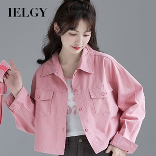 Ielgy เสื้อแจ็กเก็ตสั้น แบบบาง สีชมพู สไตล์เกาหลี สําหรับผู้หญิง