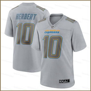 Qy NFL เสื้อยืดลําลอง แขนสั้น คอกลม พิมพ์ลาย Los Angeles Chargers Game Jersey Justin Herbert สีเทา พลัสไซซ์