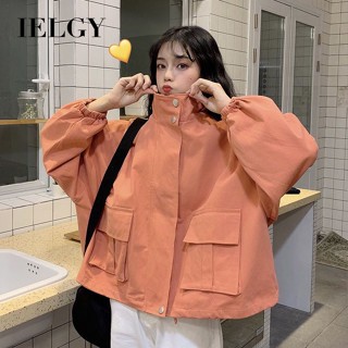 Ielgy ใหม่ เสื้อแจ็กเก็ตแขนยาว คอปก ทรงหลวม สีพื้น สไตล์เกาหลี สําหรับผู้หญิง