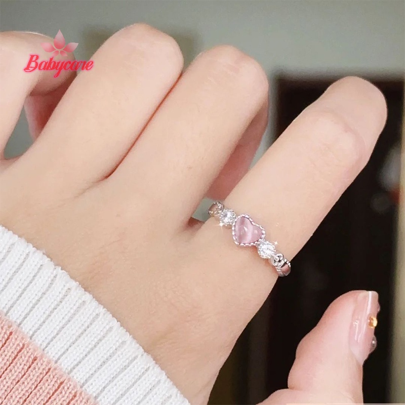 Byce> แหวนเงิน รูปหัวใจ โอปอล สีชมพู สไตล์วินเทจ เครื่องประดับ สําหรับผู้หญิง