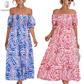 【TRSBX】Floral Dress Ladies Maxi Dress Off Shoulder Summer Dress Bohemia Dress