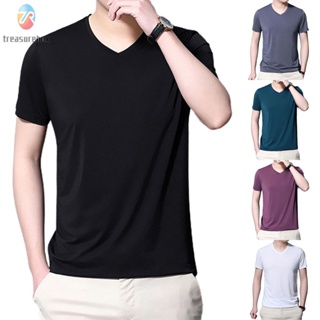 【TRSBX】T Shirt Fashion High Quality Ice Silk Men Polyester Slim Fit Solid Color