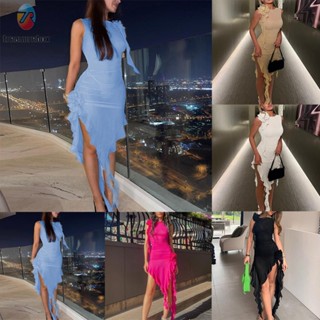 【TRSBX】Female Ladies Womens Dress Regular Ruffles Dress Sleeveless Beach Club