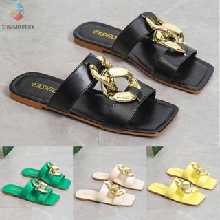 【TRSBX】Womens Slides Casual Slip On Square Open Toe Flat Sandals Summer Beach Shoes