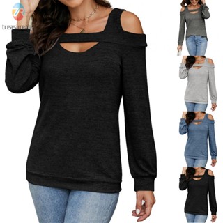 【TRSBX】Women Tops Casual Cold Shoulder Comfortable Crew Neck Fitness Long Sleeve Loose