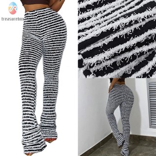 【TRSBX】Ladies Womens Pants Black And White Striped High Waist Street Bell Bottoms