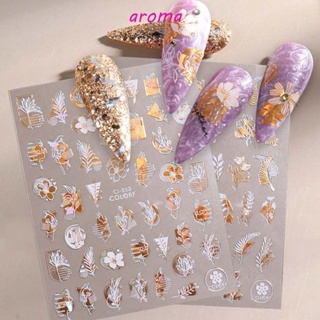 Aroma สติกเกอร์ ลายผึ้ง ใบไม้ 3D มีกาวในตัว สีขาว สีทอง สําหรับตกแต่งเล็บ DIY