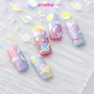 Aroma สติกเกอร์ติดเล็บ ลายการ์ตูนผีเสื้อ ดาวเคราะห์ นักบินอวกาศ สีรุ้ง มีกาวในตัว DIY สําหรับตกแต่งเล็บ