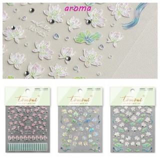 Aroma สติกเกอร์ตกแต่งเล็บ ลายดอกบัว ประดับเพชร หลากสี DIY