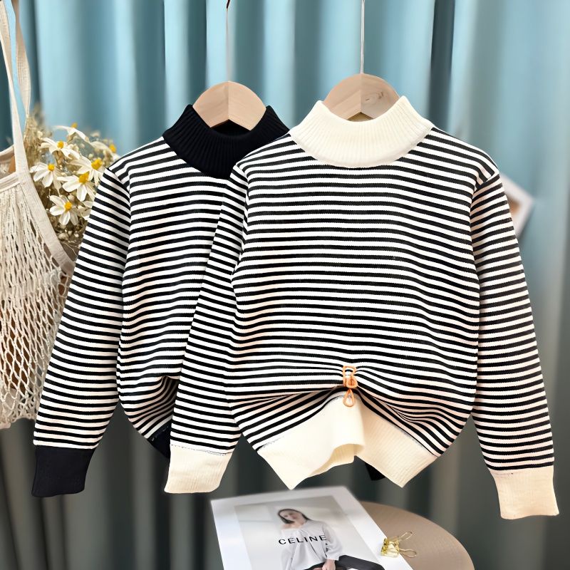 เสื้อไหมพรมถักเด็ก กันหนาวได้ดีมีซับใน เสื้อกันหนาว ผ้ากำมะหยี่ ลายทาง แฟชั่นฤดูใบไม้ร่วงและฤดูหนาว