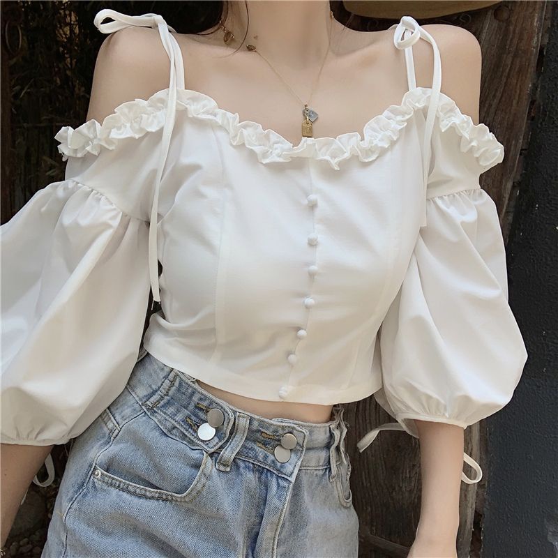 เสื้อท็อปแขนสั้น เปิดไหล่ แฟชั่นฤดูร้อน สําหรับผู้หญิง
