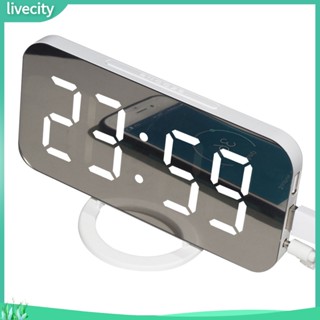 Livecity|  นาฬิกาปลุกดิจิทัล LED พอร์ตชาร์จ USB คู่ สไตล์มินิมอล