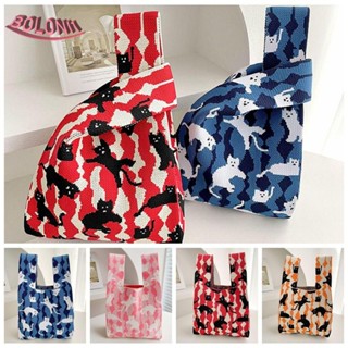 Bo Knot กระเป๋าถือ กระเป๋าช้อปปิ้งลําลอง ผ้าถัก พับได้ ลายแมว