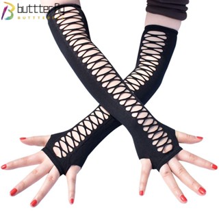 Buttterfly ถุงมือยาวถึงต้นขา แบบกลวง ยืดหยุ่น สไตล์พังก์ โกธิค โกธิค ฮาโลวีน