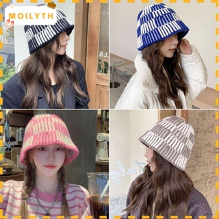 Moilyth หมวกบักเก็ตลําลอง ผ้าถัก ลายสก๊อต สีชมพู ให้ความอบอุ่น แฟชั่นฤดูหนาว สําหรับผู้หญิง