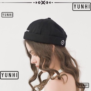 Yunhi หมวกบีนนี่ ผ้าฝ้าย พิมพ์ลายตัวอักษร ไร้ขอบ สีพื้น สไตล์สตรีท ฮิปฮอป