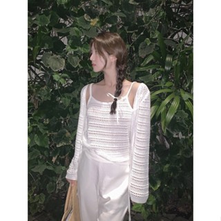 [SR-STUDIO] Ged เสื้อคาร์ดิแกน ผ้าถัก ฉลุลาย สีขาว แฟชั่นฤดูใบไม้ร่วง สไตล์เกาหลี สําหรับผู้หญิง สองชิ้น