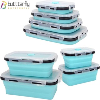 Buttterfly กล่องอาหารกลางวัน ซิลิโคน ทรงสี่เหลี่ยมผืนผ้า พร้อมฝาปิด แบบพกพา สีฟ้า สําหรับตั้งแคมป์ 4 ชิ้น