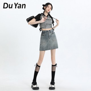 Du Yan กระโปรงยีน ทรงเอ เอวสูง กันลื่น สไตล์เรโทร สําหรับผู้หญิง