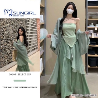 Shopkeepers selection# New Chinese Zen style national style dress set sling top womens summer Chinese elements green skirt three-piece set 9.12N