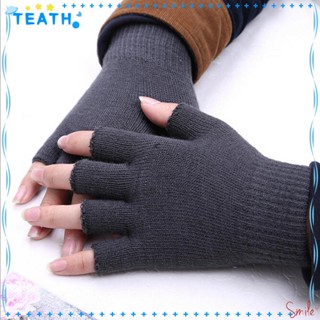 Teath ถุงมือถักนิตติ้ง แบบครึ่งนิ้ว ให้ความอบอุ่น สีพื้น