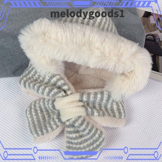 Melodygoods1 ผ้าพันคอ มีฮู้ด ผ้ากํามะหยี่ ลายทาง ป้องกันหู กันลม สองชิ้น สําหรับฤดูหนาว