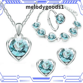 Melodygoods1 ชุดเครื่องประดับ ต่างหู สร้อยคอ สร้อยข้อมือ โลหะผสม จี้คริสตัล รูปหัวใจ สําหรับผู้หญิง 4 ชิ้น ต่อชุด