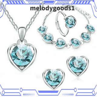 Melodygoods1 ชุดเครื่องประดับ ต่างหู สร้อยคอ สร้อยข้อมือ โลหะผสม จี้คริสตัล รูปหัวใจ สําหรับผู้หญิง 4 ชิ้น ต่อชุด