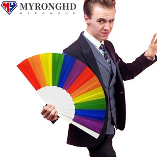 Myronghd พัดมือถือ แบบพับได้ สีรุ้ง