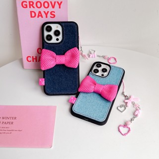 เคสโทรศัพท์มือถือ ผ้ายีน แบบแข็ง ประดับโบว์ สีพื้น สําหรับ iPhone 14 14Pro 14promax 13 13Pro 13promax 11 12 12Pro 12promax 14