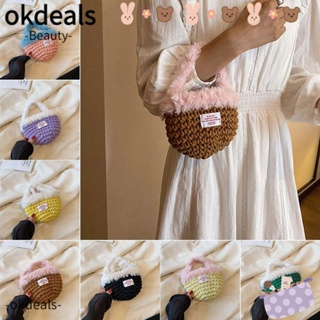 Okdeals Zero กระเป๋าสตางค์ กระเป๋าถือ ผ้าขนสัตว์ถัก ขนเฟอร์ ทรงบักเก็ต สีตัดกัน อุปกรณ์เสริม สําหรับเด็กผู้หญิง