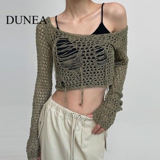 Dunea ชุดจั๊มสูทแขนยาว ผ้าถัก เซ็กซี่ แต่งรอยขาด สําหรับผู้หญิง